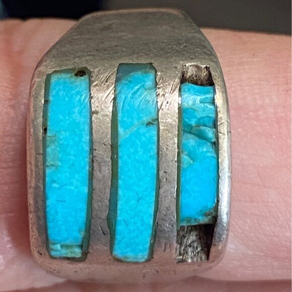 Ring Size 8.5 Turquoise Inlay Sterling Silver 925 Women Semi-Precious Stone - Picture 1 of 9